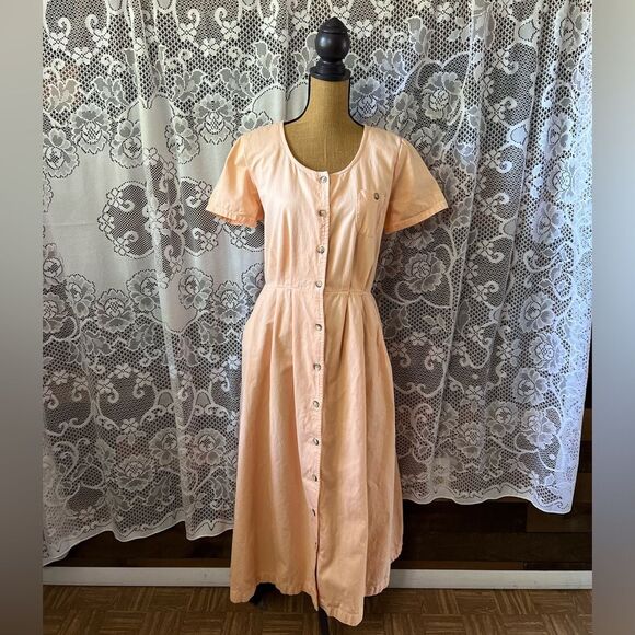 Vintage 90s FADS Peach Short Sleeve Cotton Button Down Dress with Pockets - Picture 2 of 8